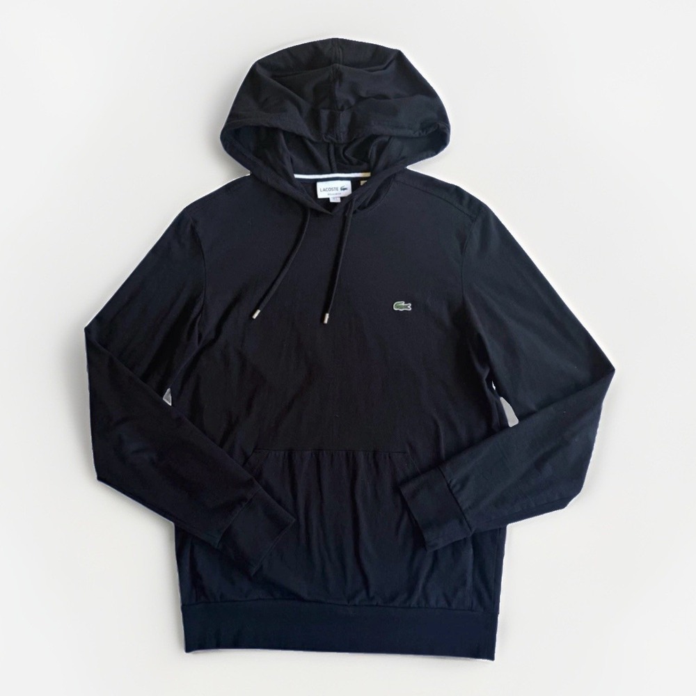 Lacoste Mens Black Lightweight Cotton Hood Jersey Tee M Pullover Shirt Croc Logo